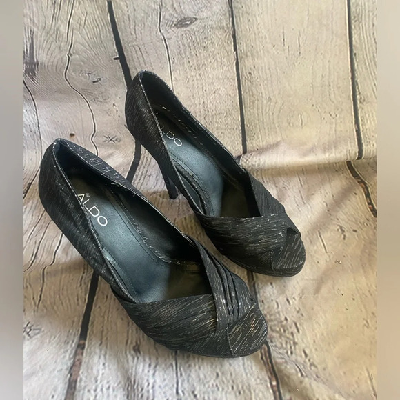 Women’s Aldo Disco Diva Black Silver Metallic Peep Toe Platform Heels‎ 40 Size 9 - Picture 2 of 14